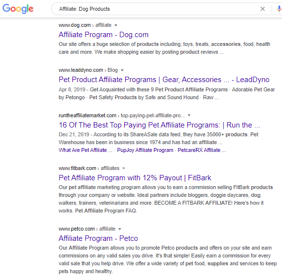 Google search on Affiliate dog products