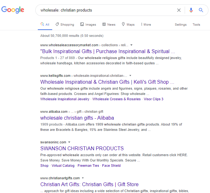 Google search on Wholesale christian products