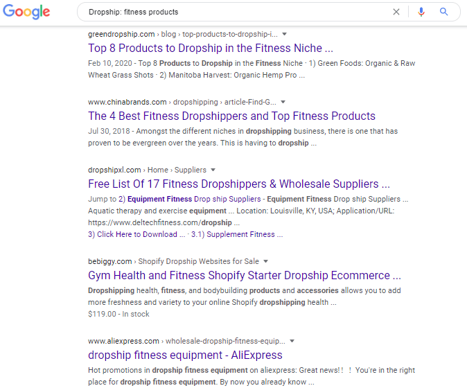 Google search on dropship fitness products