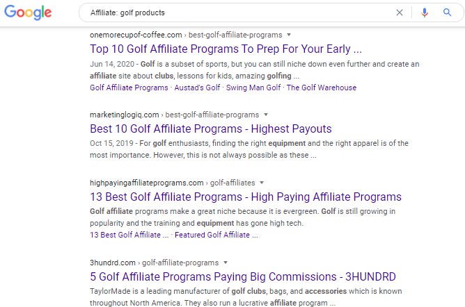 Google search on Affiliate golf products