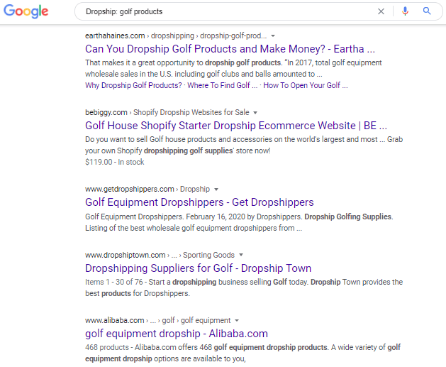 Google search on dropship golf products