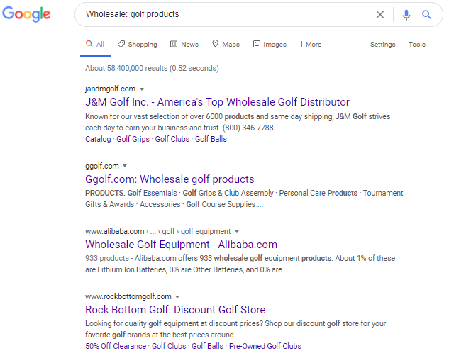Google search on wholesale golf products