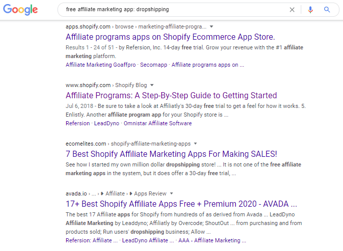 Google search for free affiliate marketing app for dropshipping