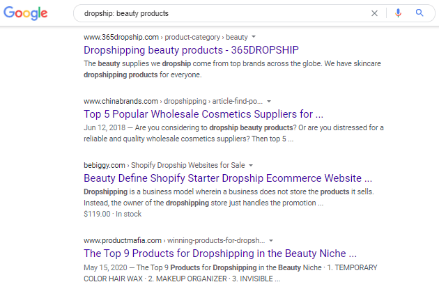 Google search on dropship beauty products