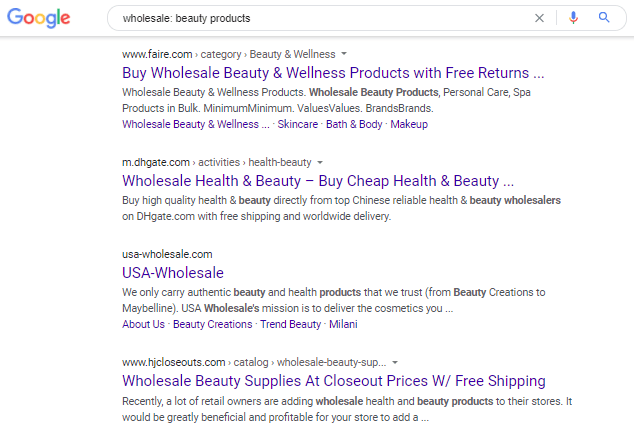 Google search on wholesale beauty products