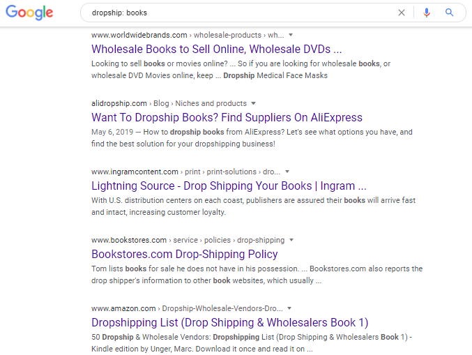 Google search on dropship books