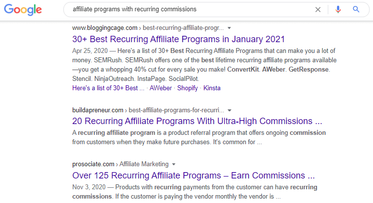 doing a search for affiliate programs with recurring commissions