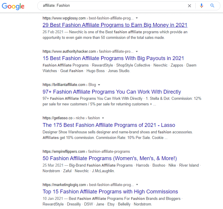 Google search on affiliate fshion