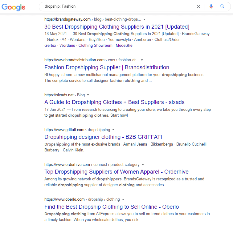Google search on dropship fashion -a good way on How To Sell on Instagram Without a Website