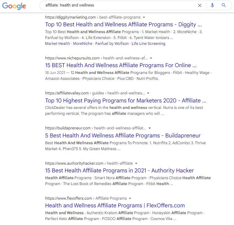 Google search on Affiliate health and wellness