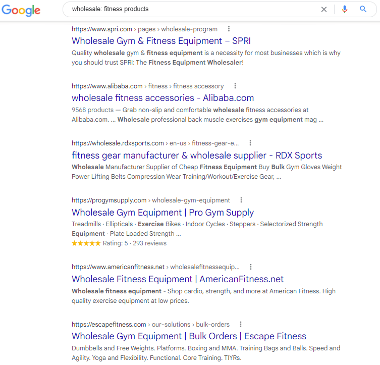 Google search on wholesale fitness products