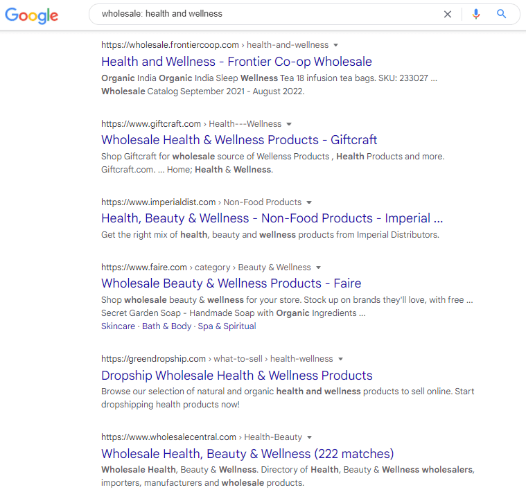 Google search on wholesale health and wellness 
