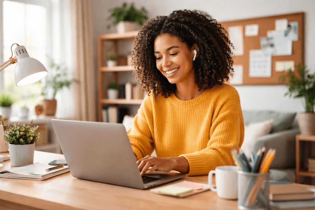 woman working at home on her wealthy Affiliate business