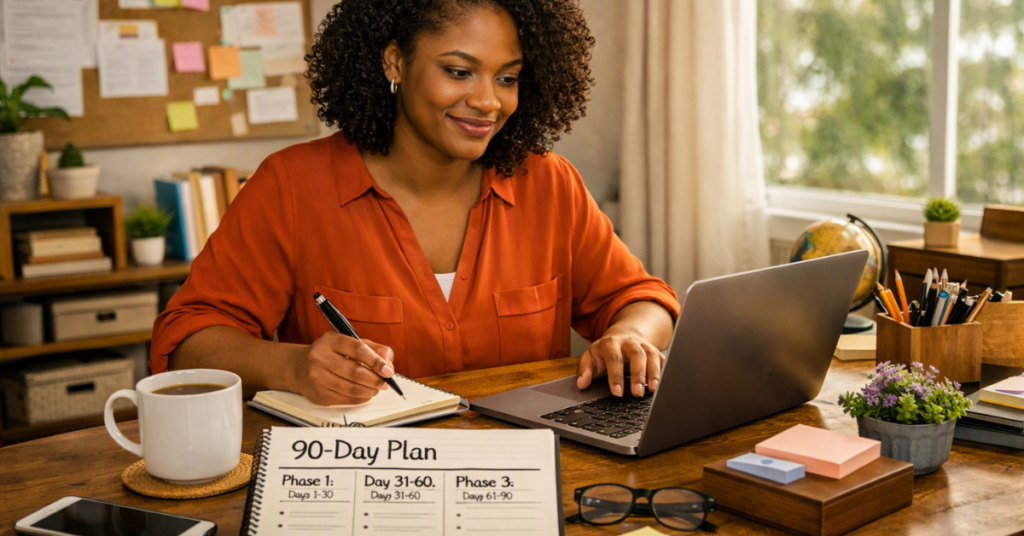 Beginner affiliate marketer creating a 90-day roadmap for building an online business.
