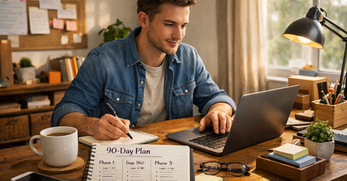 Beginner affiliate marketer creating a 90-day roadmap for building an online business.