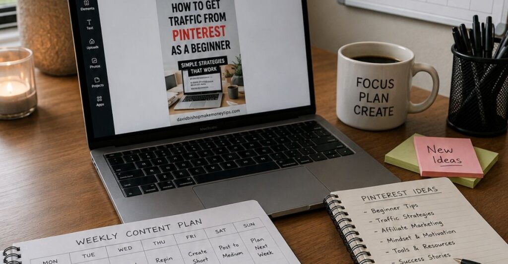 Affiliate marketer creating Pinterest pins for blog content.