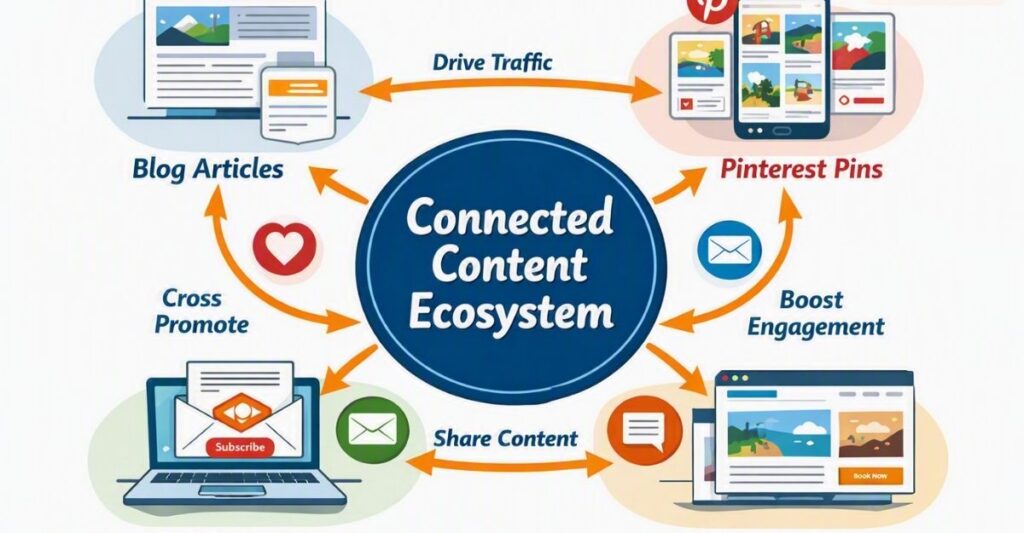 Affiliate marketing content ecosystem connecting articles, Pinterest and email.