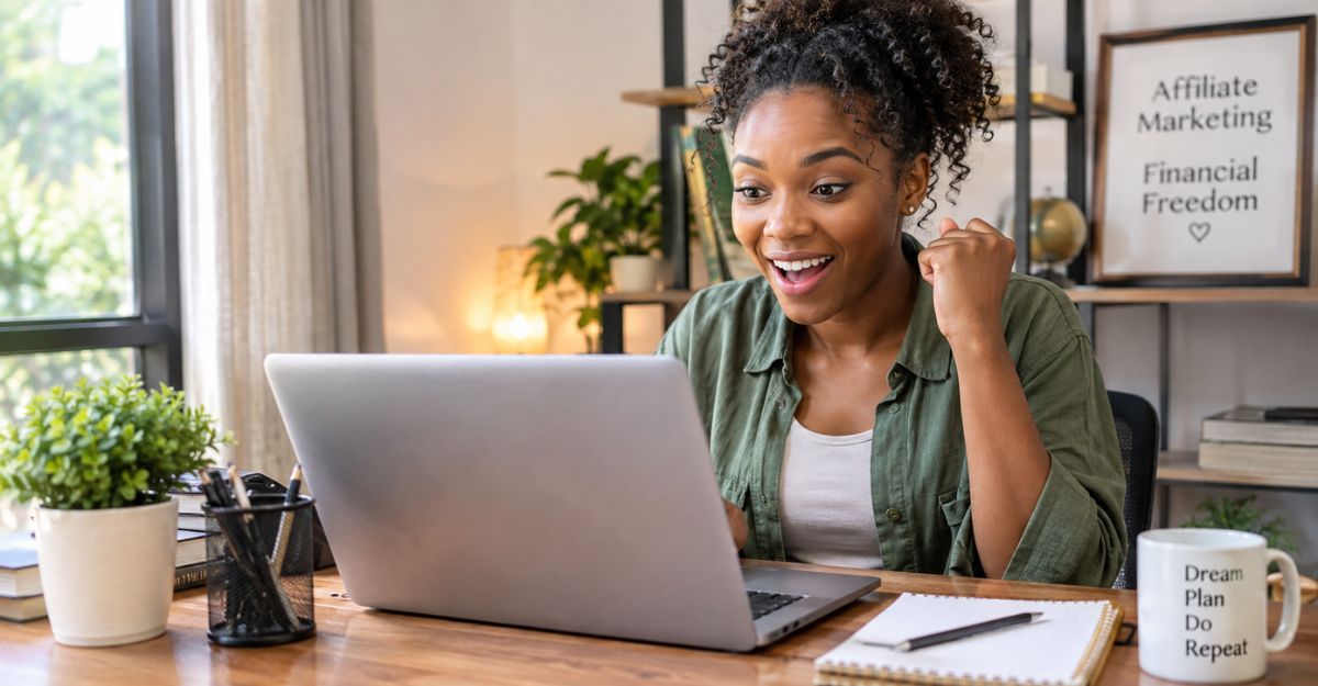 Beginner affiliate marketer seeing their first affiliate sale while working on a laptop
