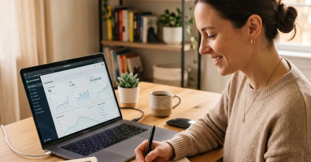 Beginner blogger continuing to work while waiting for their first affiliate sale.