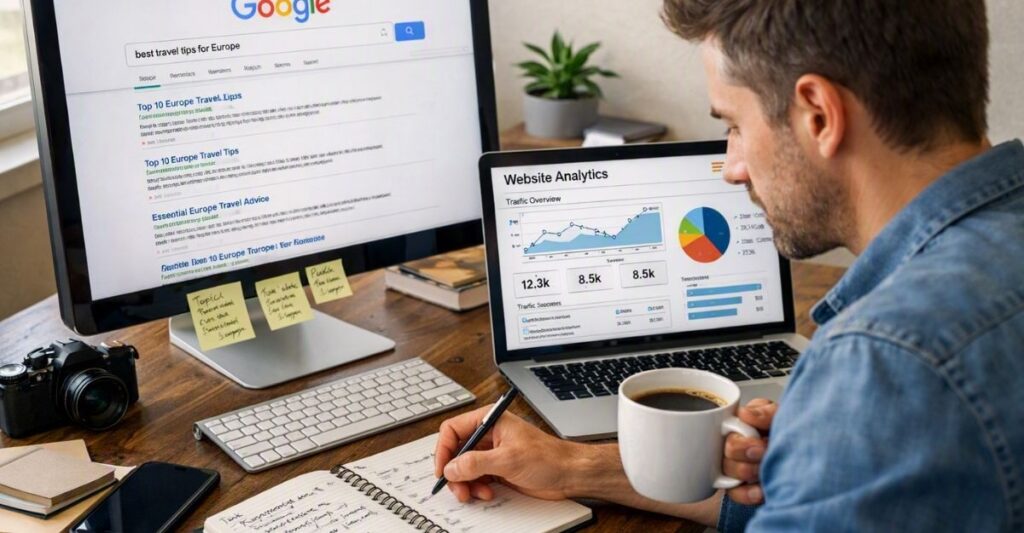 Blogger researching Google search topics and website traffic.