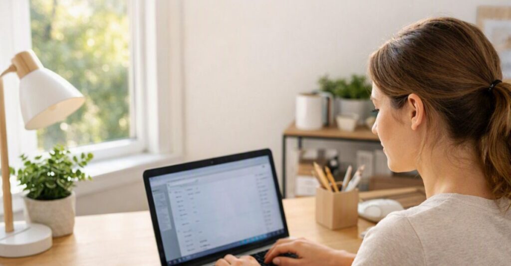 a beginner consistently on her laptop building her affiliate marketing business