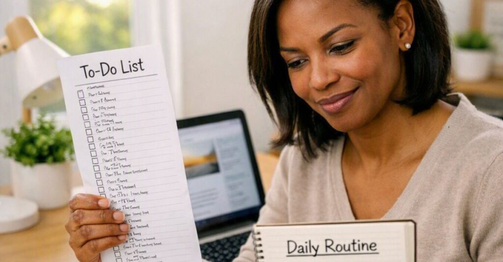a beginner consistently doing her daily routine building her affiliate marketing business