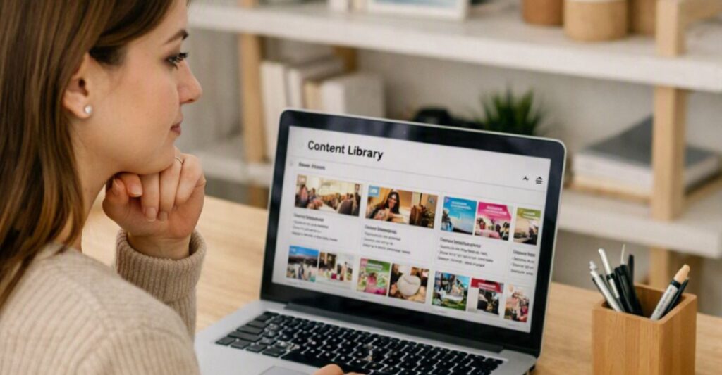 Blogger researching and writing an evergreen affiliate marketing article
