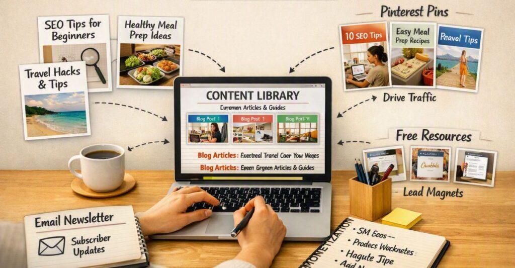 Affiliate marketing content library connecting articles, Pinterest and email.