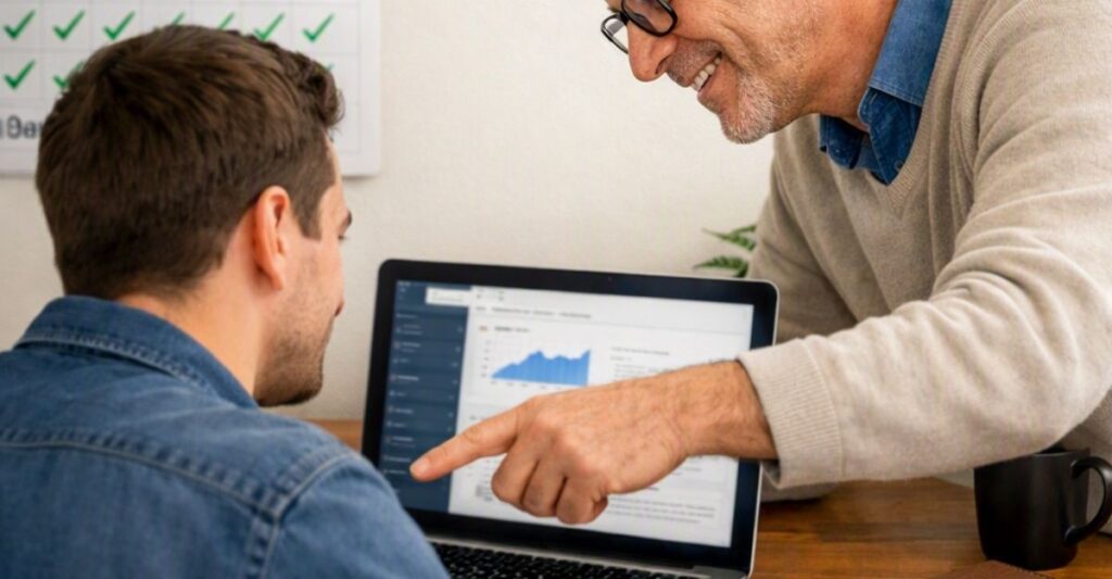 An expert helping a beginner in affiliate marketing stay focused on his daily routine to grow his business
