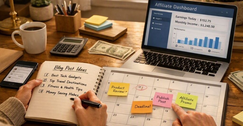 Alt Text: Organising affiliate marketing tasks for consistent business growth.
