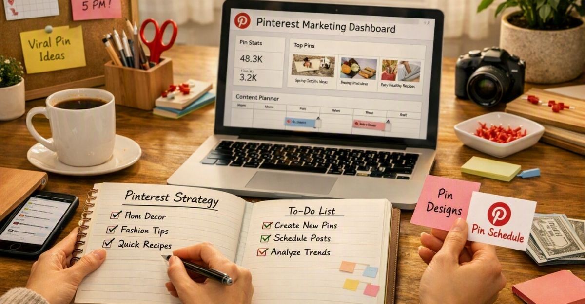 Alt Text: Affiliate marketer planning weekly content schedule at a home office desk.