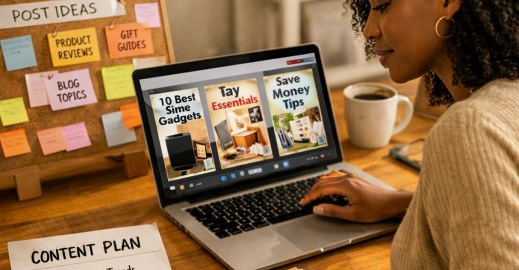 Blogger planning a growing collection of blog articles and Pinterest content.