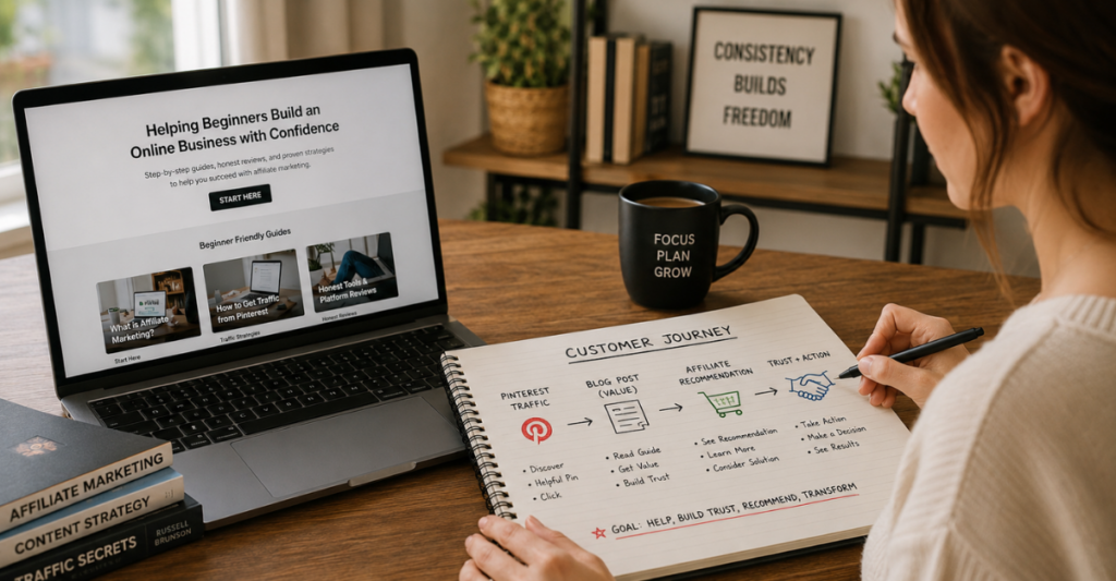 Blogger planning the journey from Pinterest visitor to affiliate customer.