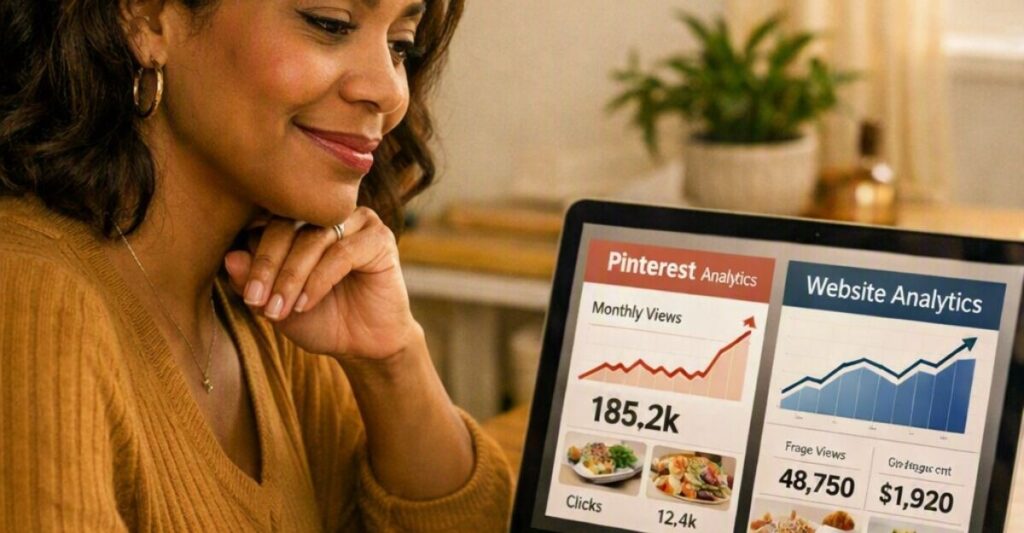 Blogger reviewing Pinterest analytics while website traffic gradually increases