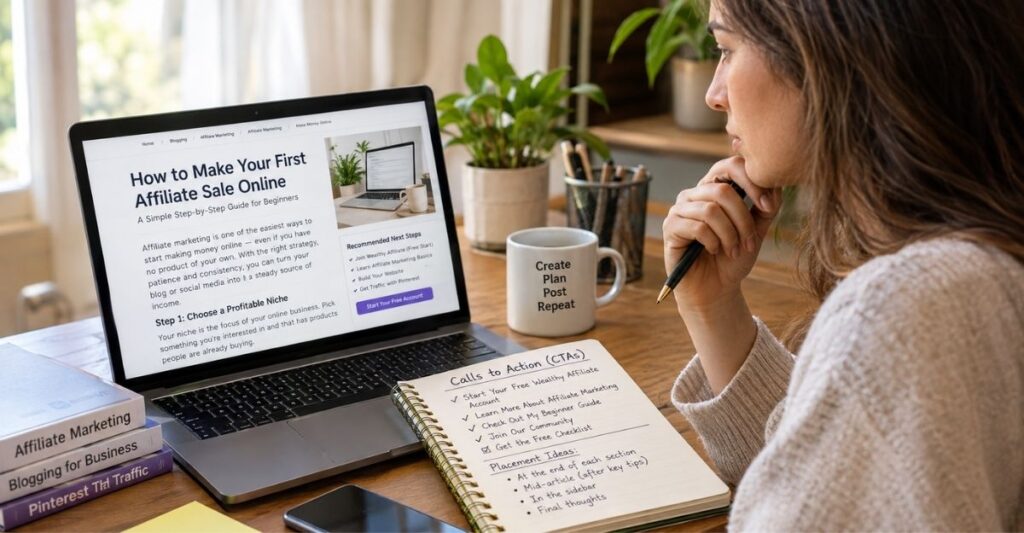 Blogger planning natural affiliate calls to action within an article.