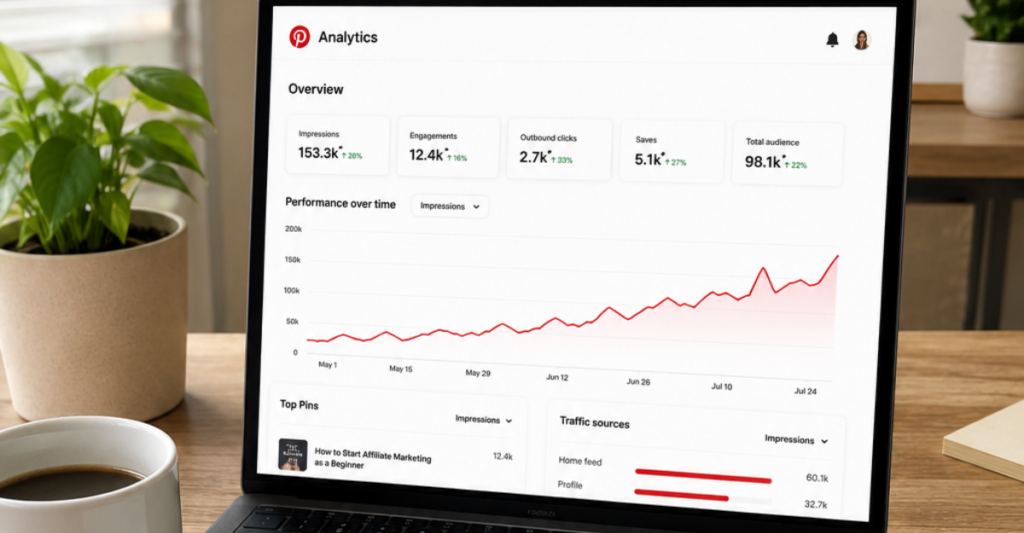 Pinterest rewards consistency as it shows on the laptop in a home office