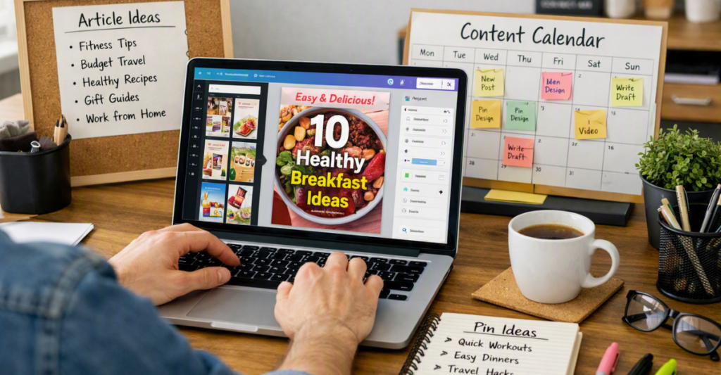 Blogger creating Pinterest pins from affiliate marketing articles.