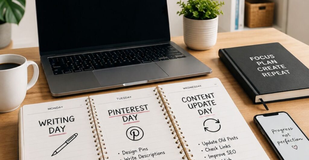 Affiliate marketer organising content into a simple weekly routine.