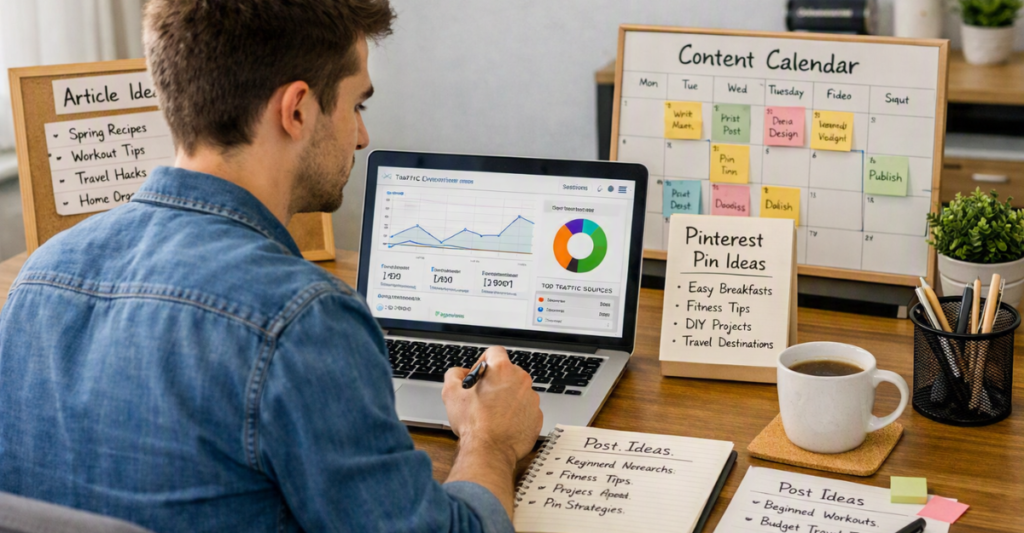 Beginner affiliate marketer planning website content and traffic strategies.