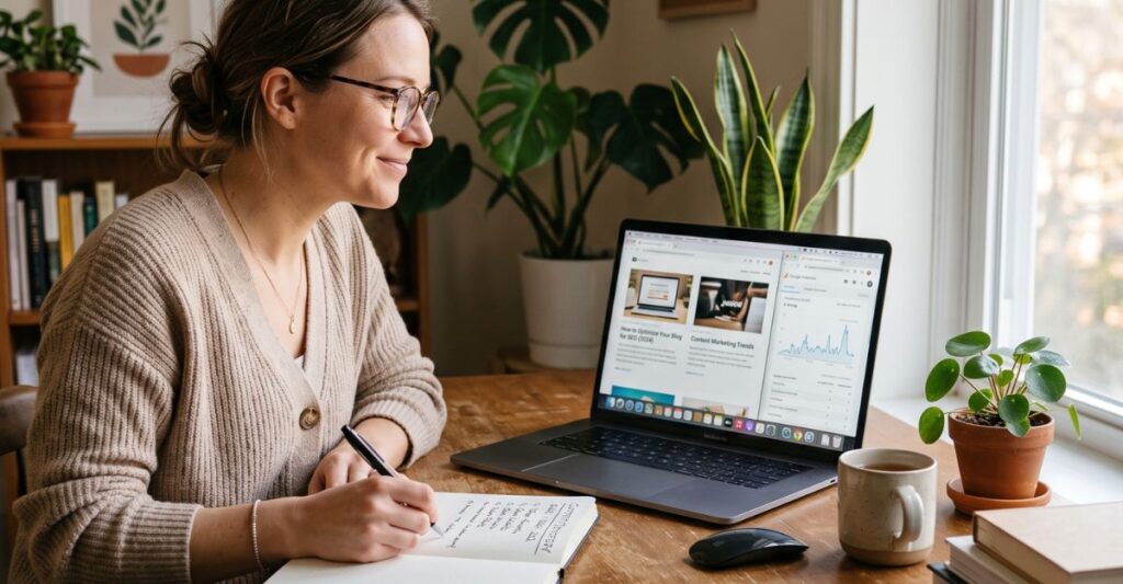 Blogger planning content while reviewing several blog posts gaining traffic