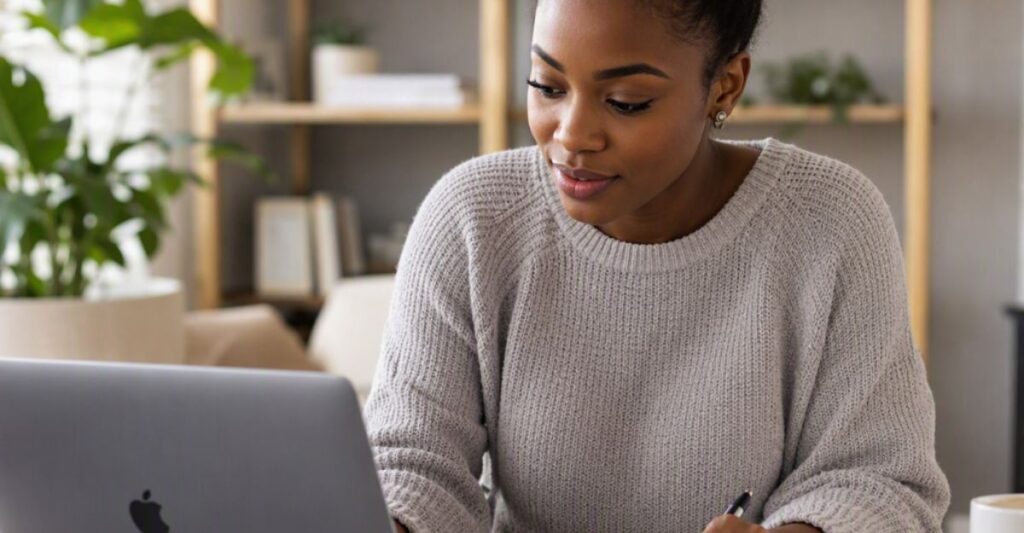 Beginner blogger organising essential tools for an affiliate marketing business
